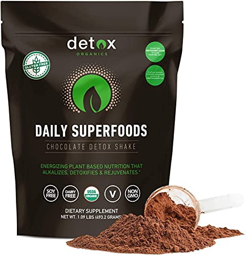 Detox Organics Chocolate Green Superfood Powder - Made with Organic Ingredients Like Kale, Wheatgrass, Chlorella, Spirulina, and Beet Juice - Perfect for Keto and Vegan Meal Replacement Shakes