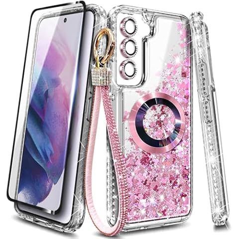 NGB Supremacy Designed for Samsung Galaxy S24 Magnetic Case for MagSafe, Tempered Glass Screen Protector/Camera Lens Protector/Wrist Strap Lanyard, Glitter Liquid Cute Case (Rose Gold) Cover
