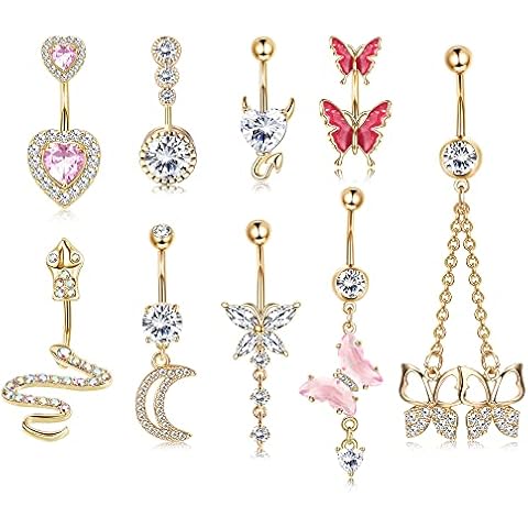 TEN MIRO 14G Dangle Belly Button Rings for Women 316L Stainless Steel Snake Evil Eye Heart CZ Pink Belly Button Rings Cute Butterfly Navel Rings Belly Piercing Jewelry(Pink Butterfly-Gold) Cover