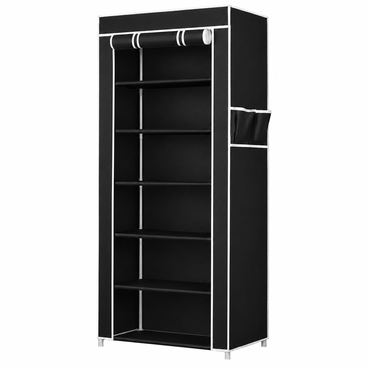 EASY BUY Black Shoe Rack with Cover, Plastic Rack 6 Shelves with Zip Door Cover & Side Pockets | Dustproof Multiuse Storage Organizer for Footwear, Clothes, Toys, Shoe Rack Plastic, Slipper Stand-image-0
