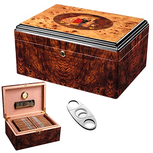 QHYTL Cigar Humidors Personalized, Handmade Cedar Wood Cigar Box Humidifier, Durable Airtight with Humidifier Hygrometer Cigar Cutter Divider Tray, Great Gift for Father, Holds 25-50 Cigar