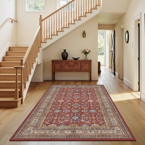 Rugland 4x6 Rug - Stain Resistant Washable Rug, Anti Slip Backing Rugs for Living Room, Vintage Tribal Area Rugs (TPR10-Burgundy, 4'x6')
