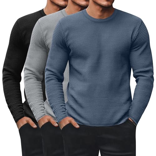 Ficerd 3 Pack Mens Waffle Long Sleeve Shirts Crew Neck Thermal Underwear Tops Casual Pullover Sweaters Knit Undershirts(Black Gray Haze Blue XX-Large)