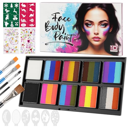 Pintacaras infantis, 26 cores pinturas faciais infantis hipoalergénicas, 5 pincéis, com palmilhas e desenhos para festas pintura de rosto para crianças Halloween festas cosplay Páscoa