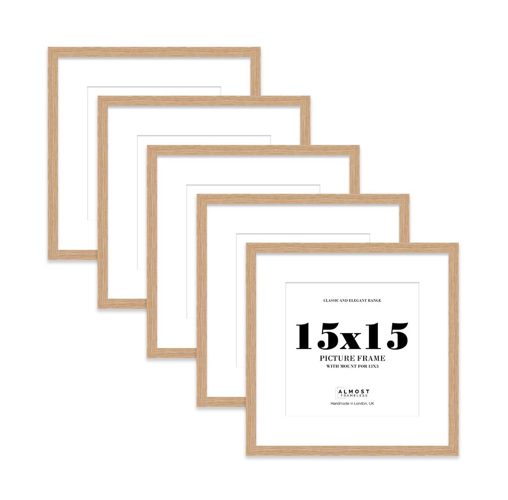 15x15 Oak Picture Frame with Mount for 13x13 Photos, Prints - Modern Square Wall Frame, Set of 5