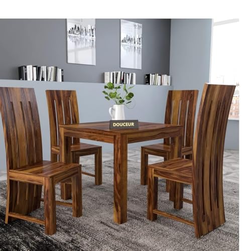 Image of Douceur Furnitures Solid Sheesham Wood 4 Seater Dining Table Set with Cushioned Chairs for Dining Room | Living Room | Home & Office | Hotels Restaurant & Cafe (Natural Brown Finish)