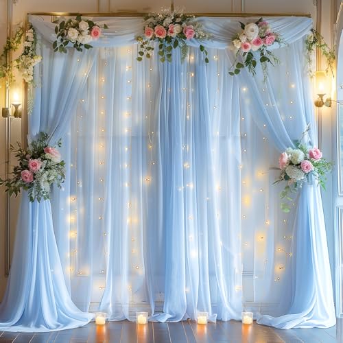 20ft x 8ft Blue Backdrop Curtain Panels with Lights String for Parties, Sheer Tulle Wedding Backdrop Drapes for Baby Shower Birthday Party Home Decorations