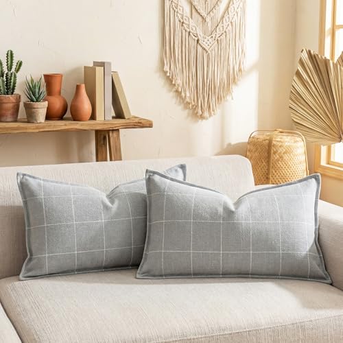 Grey Lumbar Pillows Farmhouse Gray Plaid Linen Lumbar Pillow Covers 12x20