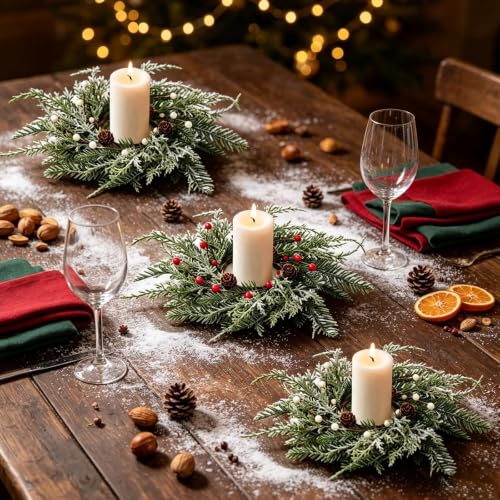 Image of 4 PCS Fall Candle Ring Wreaths Artificial Autumn Candle Holder Wreath | Thanksgiving Candle Ring with Berries Eucalyptus Forsythia for Farmhouse Harvest Pillar Candles Table Centerpiece Decor