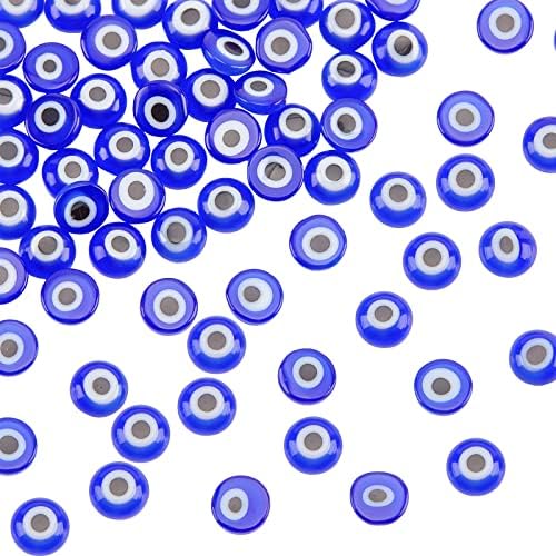 NBEADS 120 Pcs Evil Eye Beads, Lampwork Beads Flat Round Spacer Beads for Jewelry Making