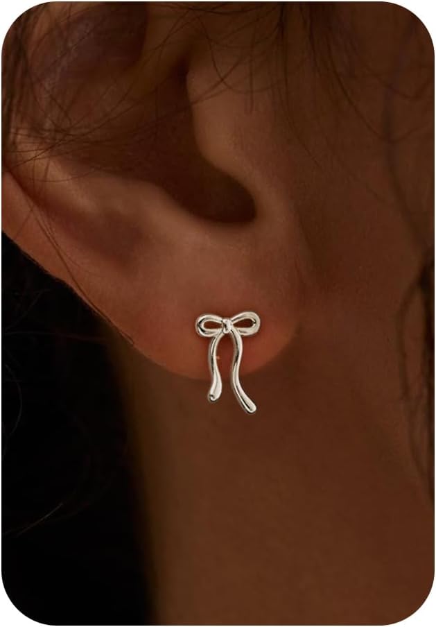 Gold Earrings-14K Gold/Silver/Rose Gold Plated Bow Earrings Trendy Dainty Cute Ribbon Minimalist Bow Stud Earrings for Women Gifts
