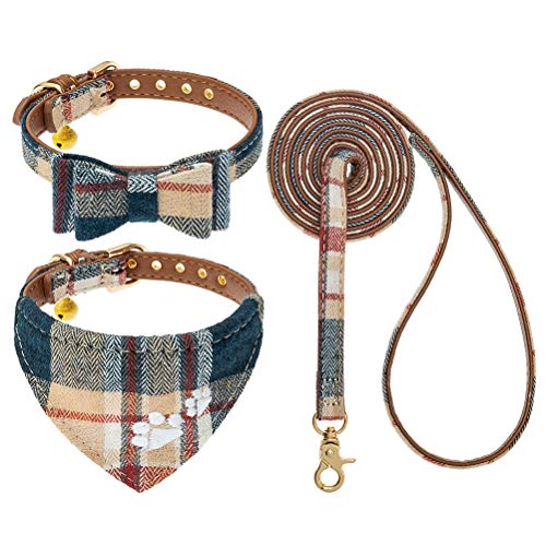 EXPAWLORER Dog Collar and Lead Set, Classic Plaid Bow Tie and Embroidery Pawprint Bandana Dog Collar with Bell