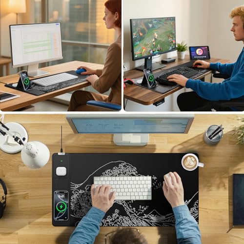 Image of Wireless Charging Mouse Pad with Foldable Phone Holder, 31.5 inchx15.8 inch Large Desk Mat for Laptop /Keyboard, Waterproof Ultra-Smooth Surface, Non-Slip Base, Black Wave