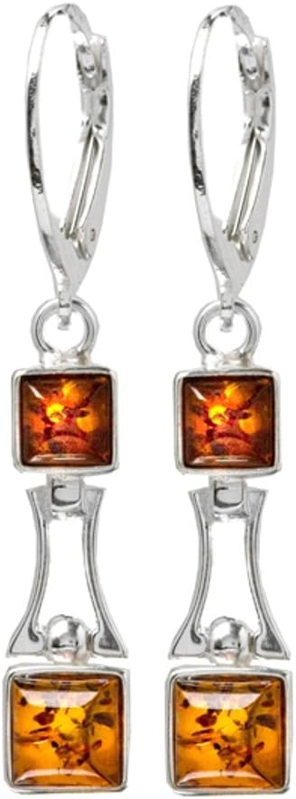 Honey Amber Sterling Silver Square Leverback Earrings