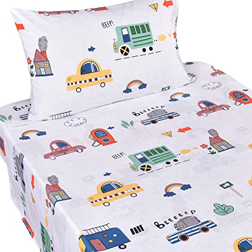 J pinno Juego de sábanas para niños, diseño de transporte de tráfico, 100 % algodón, 100 % algodón, sábana encimera, sábana bajera y funda de almohada (tamaño individual, 12)