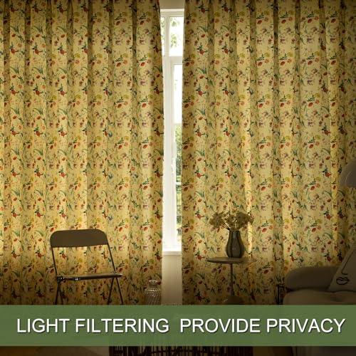 Image of SUOUO Red Floral Curtains for Living Room Chenille Light Filtering 84 Inches Long 2 Panels Patterned Green Yellow Wildflower Window Drapes for Dining Bedroom