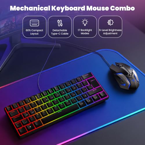 Image of SOPPY Compact 60% Gaming Mechanical Keyboard and Mouse Combo, RGB Backlit 61 Keys Compact Keyboard, USB Ergonomic Office Wired Keyboards for PC /Laptop /Windows /PS4 /Xbox /Mac, Red Switches (Black)