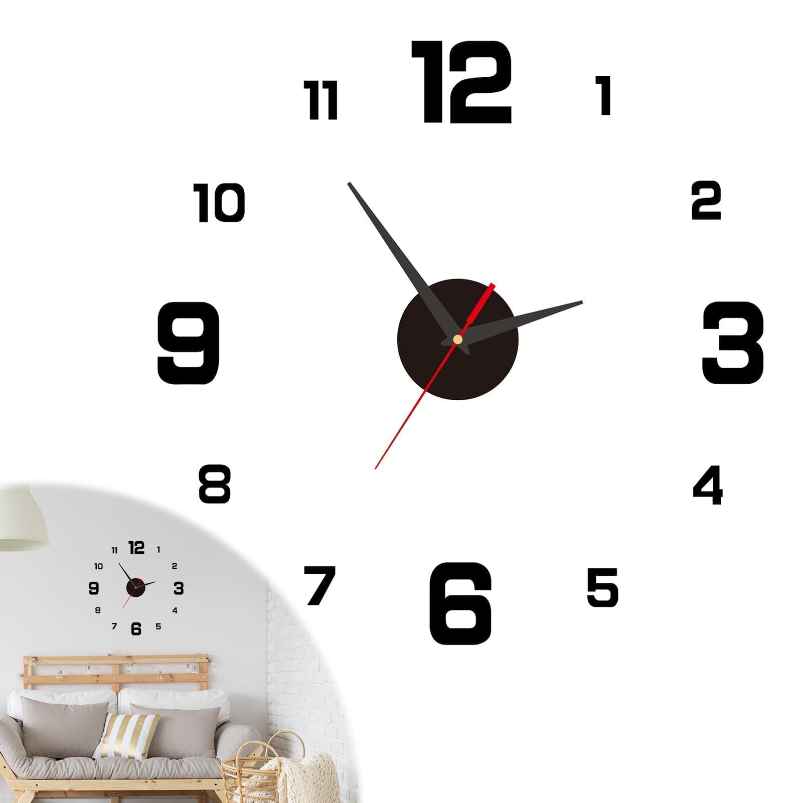 Reloj de Pared 3D 40cm con Números Adhesivos DIY Reloj de Pared con numeros Adhesivos Movimiento Silencioso, Diseño Modernos, Decoración para Mediano Salon, Dormitorio, Cocina y Oficina, Negro