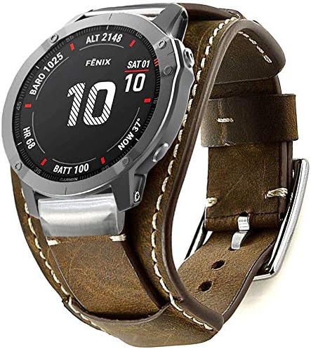Hepsun Leather Bands Compatible with Garmin Fenix 6X/6X Pro/5X/5X Plus/3/3 HR/Sapphire/D2/Foretrek 601/701/Quatix 3/Tactix Bravo/Descent Mk1 Smartwatch, 26mm Quick Fit Genuine Leather Cuff Band Strap (Coffee)