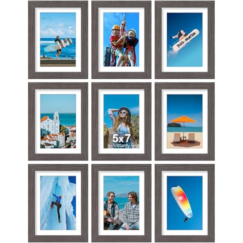 Vittanly 5x7 Picture Frames Set of 9 for Wall & Tabletop Display, Dark Grey