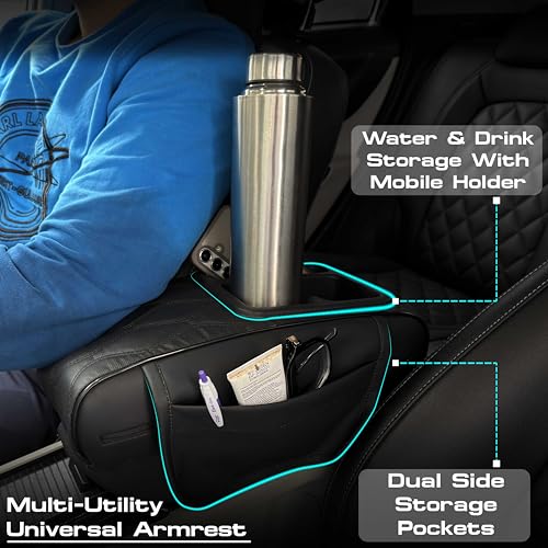 Image of Carigiri Nappa Leatherette,Foam ComfiRest Pro Car Armrest Cushion with Cup Holder| Arm Cushion| Universal for All Cars|Armrest with Mobile Holder (Black,Utility Pockets,Dual Cup Holder,Mobile Holder)