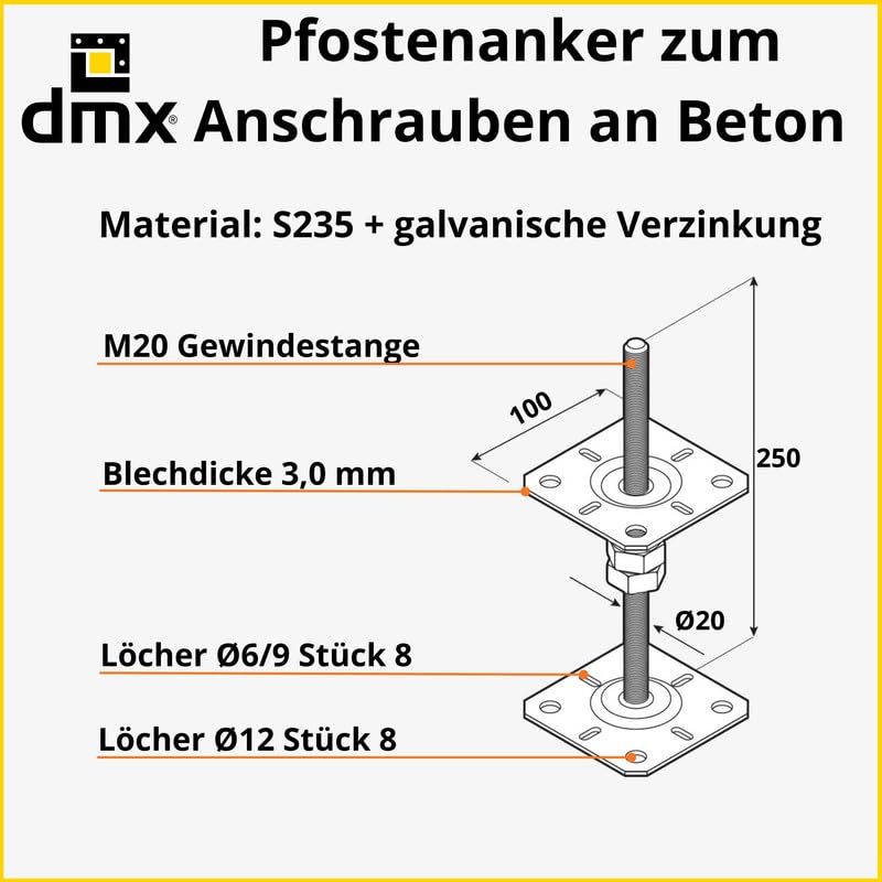 Pfostenträger höhenverstellbar 50 bis 200 mm- Pfostenträger aufschrauben - Stützenfuß - Pfostenanker - Anker - höhenverstelbar zum Aufschrauben - - PSR M20 - M20 100x253
