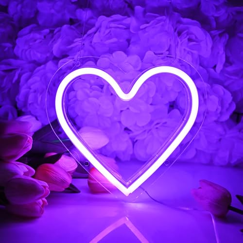 Image of Britrio Heart Neon Sign, Purple Love Neon Light Room Decor for Girl Bedroom LED Heart Lamp for Birthday Party Wall Decoration Home Decor Mothers Day Valentine Gifts Battery Operated or USB Powered
