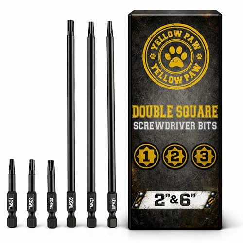 Yellow Paw Double Square (8 Point Star) Bit Set (6 Pack) Sizes #1 #2 and #3 in Both Extra Long 6 Inch & Standard 2 Inch - Double Square Torx is Commonly Used on RVs Trailers & Toy Haulers