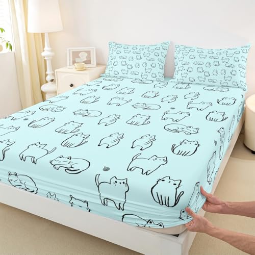 Image of Cute Cats Kitten Pet Fitted Sheet Set with 2 Pillowcase,Cartoon Cat Bed Sheet Teens,Animals Top Flat Sheet Luxury Microfiber,Queen Size