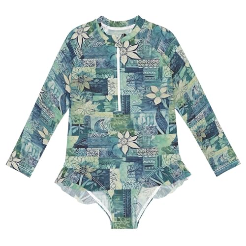 Blue Green Ethnic Girls Long Sleeve Swimsuit UPF 50+ Rashguard Swimwear One Piece Bathing Suit for 3-12 21216041