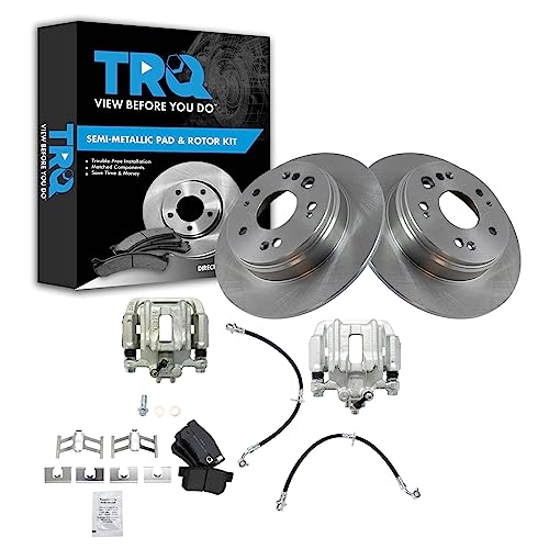 Image of TRQ Rear Brake Pad and Rotor Set Semi Metallic Rotors Calipers Hoses Compatible with 2002-2004 Honda CR-V
