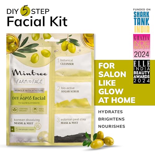 Image of Mintree Olive Brightening Home Facial Kit for De-Tan, Skin Radiant Glow & Intense Hydration with Korean Sheet Mask Collagen and European Peat Clay | Anti-Aging Skincare Facial kit for men for Glowing Skin