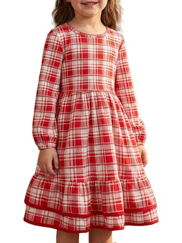 JiAmy Vestidos de manga larga para niñas de vacaciones con cuello redondo en capas, vestidos de fiesta para niños casuales de otoño, vestido A-line de cintura alta vintage para niñas de 4 años, rojo