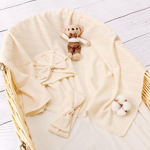 Image of DRESHOW BQUBO Newborn Receiving Blanket Toddler Warm for Girls with Bow Hat and Bow Headband Shower Gift