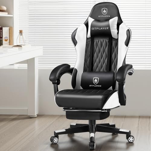 LUCKRACER Silla Gaming | Silla de Juegos para PC con Soporte Lumbar Ajustable, Reposapiés y Cojín para Cabeza - Blanco - imagen 8