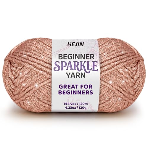 Image of 120g Rose Gold Sparkle Yarn for Crocheting and Knitting; 120m(144yds) for Beginners with Easy-to-See Stitches; Worsted-Weight Medium #4; Yarn for Beginners Crochet Kit Making