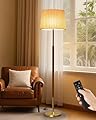 JOOFO Mid-Century Modern Wood Floor Lamp with Dual Fabric Shade, Remote Control, Dimmable & Adjustable Color Temperature, Reading & Living Room Lamp, Easy Clean Cover, Foot Switch,Walnut Wood