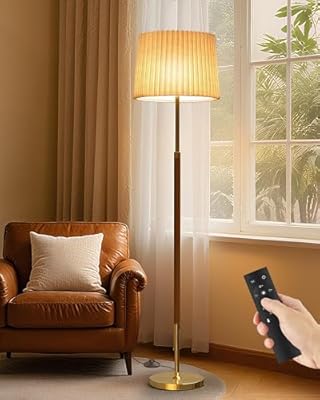 JOOFO Mid-Century Modern Wood Floor Lamp with Dual Fabric Shade, Remote Control, Dimmable & Adjustable Color Temperature, Reading & Living Room Lamp, Easy Clean Cover, Foot Switch,Walnut Wood