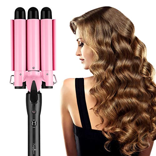 Hair Curling Iron 3 Barrel Curling Iron Wand 25mm Hair Waver Curling Iron Portable Triple Barrel Curling Iron for Deep Waves Temperature Adjustable Heats Up Quickly Suit for All Hair Style, Pink