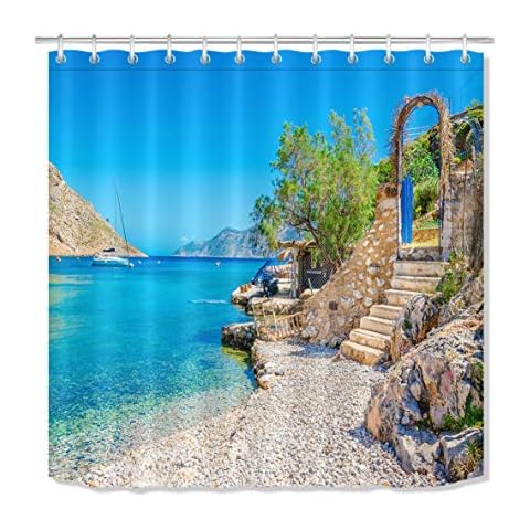 Aliyz Beach Bay Scenic Area Greek Island Home Hotel Bathroom Decoration with Hook Waterproof Mildew Fabric Shower Curtains Curtain Polyester Material 71x71 Inch Cover