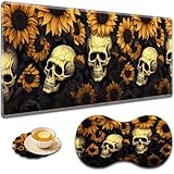 大型ゲームマウスパッド + 手首サポートパッド + コーヒーコースター、縫い目のエッジ付きデスクパッド、滑り止めセットパッド オフィスワークや自宅に最適 - ひまわりの頭蓋骨
