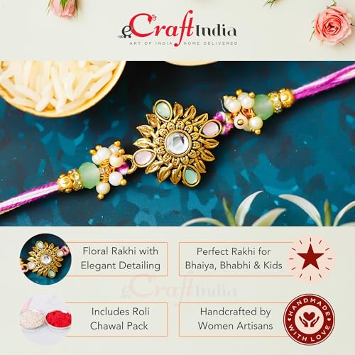 Image of eCraftIndia Beautiful Floral Rakhi for Brother With Gift Combo Set | Raksha Bandhan Designer Rakhi for Bhaiya Bhabhi Bhai Kids Boy | Best Bro Ever Fridge Magnet | Roli Chawal Pack