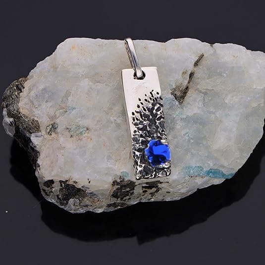 Natural Blue Sapphire Pendant Mini Men's Sapphire Pendant 925 Sterling Silver Charm Hammered Hnadmade Charm Birthday Gift For Him2