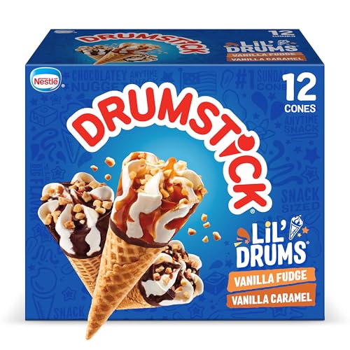 Drumstick Lil' Drums Vanilla Fudge Swirl and Vanilla Swirl Sundae Cones Ice cream, caramel, 27 Fl Oz, 12 count (pack of 1)
