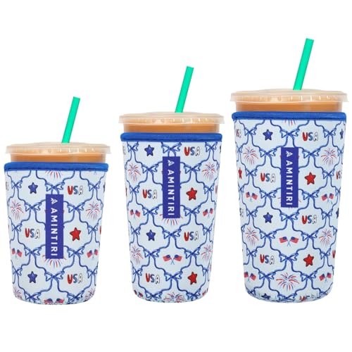 Image of 3 Pack Reusable Sleeve for Iced Coffee Cup, Coffee Neoprene Sleeve for Iced&Hot Drinks, Coffee Sleeve Compatible with Starbucks, Dunkin Coffee Cup. (4th Of July)