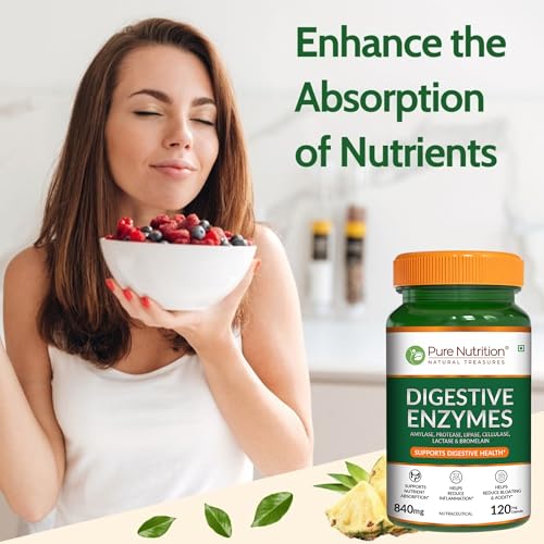Image of Pure Nutrition Digestive Enzymes 840mg with Bromelain - 120 Veg Capsules | Supports Digestion, Nutrient Absorption & Gut Health | Blend of Amylase, Lipase, Protease, Cellulase | Eases Gas & Bloating