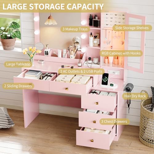Image of Xixini Vanity Desk with Mirror and Lights, Makeup Vanity Table Set with 5 Storage Drawers, Power Outlet, Small Dressing Table with RGB Ambient Light, Adjustable Brightness for Girls Bedroom, Pink