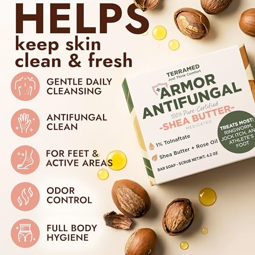 Image of Antifungal Soap Infused with Shea Butter 1% Tolnaftate for Deep Cleansing | Medicated Jock Itch Treatment, Helps Fight Ringworm & Athlete's Foot, for Deep Cleansing, 2 Antifungal Bars with Scrubber