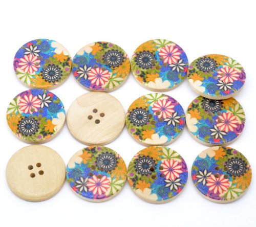 50 Stück Runde Holzknöpfe, 30 Mm, Bunt Mit Blumenmuster – 4-Loch, Für Nähen, Basteln & Deko