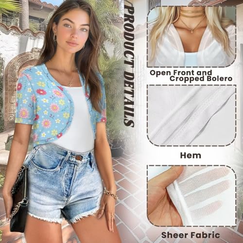 Image of Womens Short Sleeve Cardigans Lightweight Summer Cardigan Trendy Bolero Shrug Cute Floral Cardigan Sheer Bolero